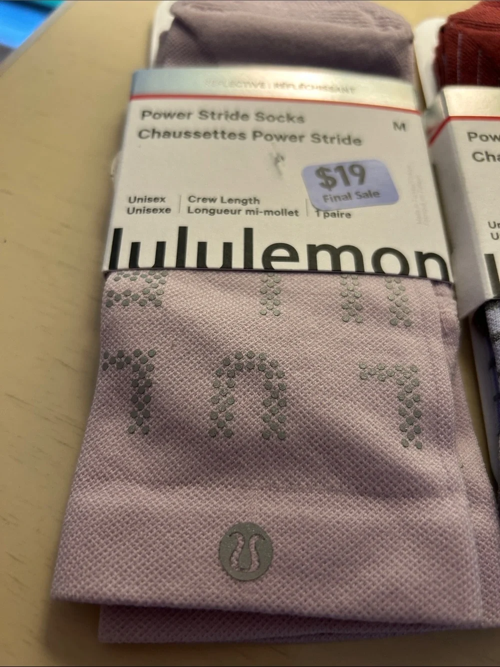 lululemon Power Stride Crew Socks - Light Purple maroon 2 pair reflective